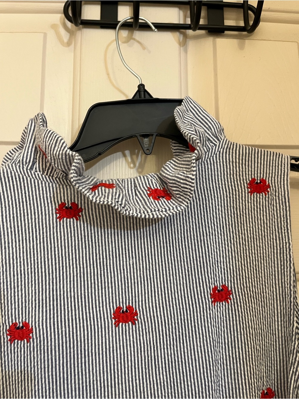 crown & ivy Navy and White Striped Sleeveless Dress with Red Crab Embroidery - Picture 6 of 7